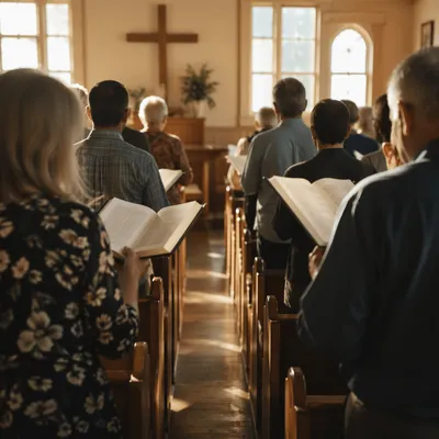 Congregation Singing Hymns in Wooden Chapel
