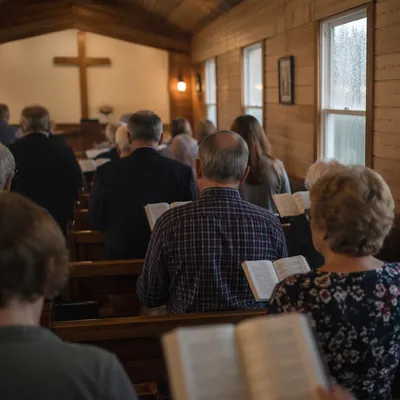 Congregation Singing Hymns in Wooden Chapel
