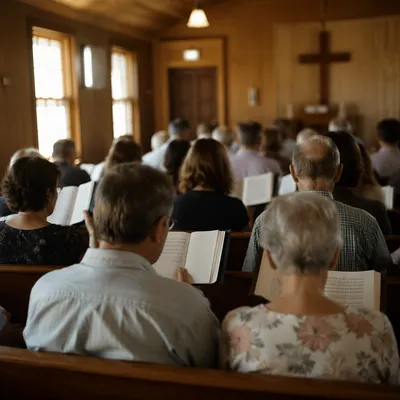 Congregation Singing Hymns in Wooden Chapel