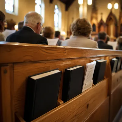 Congregation Singing with Hymnals in Church Pew