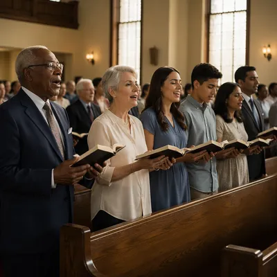 Diverse Congregation Singing from Hymnal Books