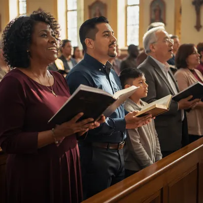 Diverse Congregation Singing from Hymnal Books