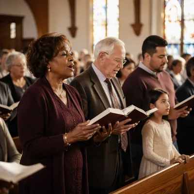 Diverse Congregation Singing from Hymnal Books