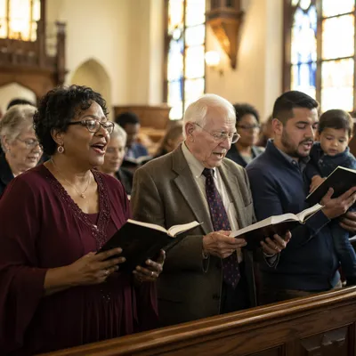 Diverse Congregation Singing from Hymnal Books