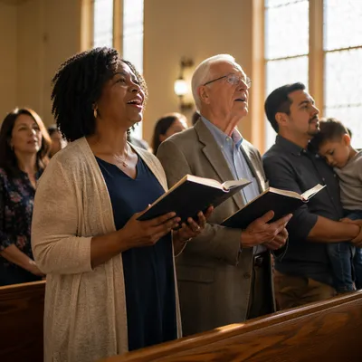Diverse Congregation Singing from Hymnal Books