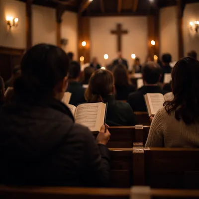 Congregation Singing Hymns in Wooden Chapel