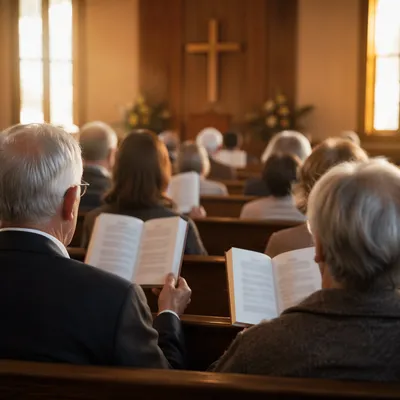 Congregation Singing Hymns in Wooden Chapel