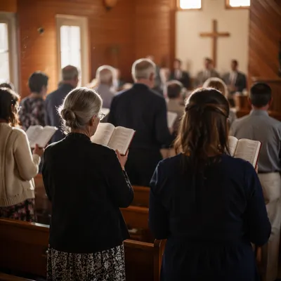 Congregation Singing Hymns in Wooden Chapel