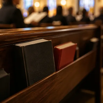 Hymn Books in Warm Church Pew