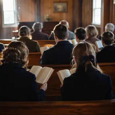Congregation Singing Hymns in Wooden Chapel