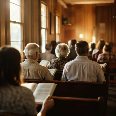 Congregation Singing Hymns in Wooden Chapel