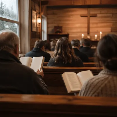 Congregation Singing Hymns in Wooden Chapel