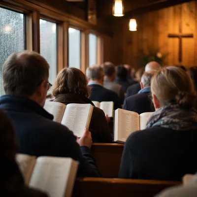 Congregation Singing Hymns in Wooden Chapel