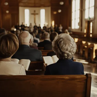 Congregation Singing Hymns in Wooden Chapel