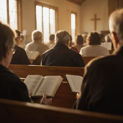 Congregation Singing Hymns in Wooden Chapel