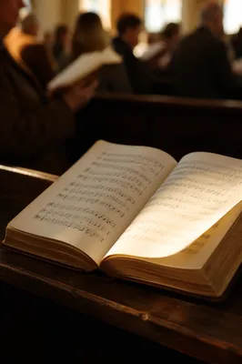 Open Hymnal on Wooden Church Pew