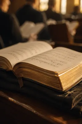 Open Hymnal on Wooden Church Pew