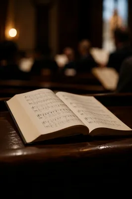 Open Hymnal on Church Pew During Worship
