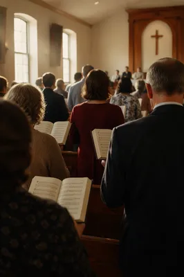 Small Congregation Singing Hymnals in Church
