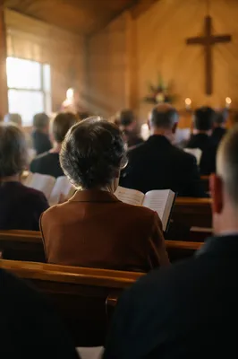 Congregation Singing Hymns in Wooden Chapel