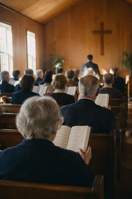 Congregation Singing Hymns in Wooden Chapel