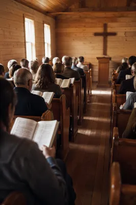 Congregation Singing Hymns in Wooden Chapel