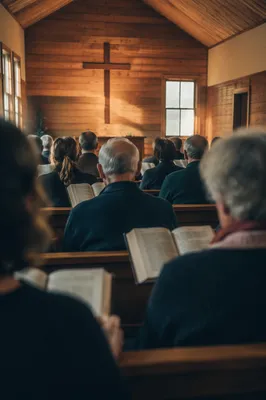 Congregation Singing Hymns in Wooden Chapel