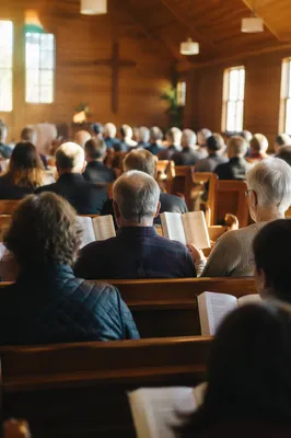 Congregation Singing Hymns in Wooden Chapel