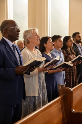 Diverse Congregation Singing from Hymnal Books