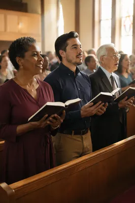 Diverse Congregation Singing Hymns in Worship