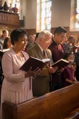 Diverse Congregation Singing from Hymnal Books