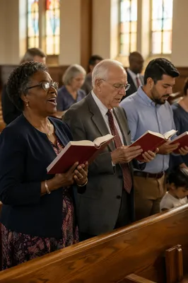 Diverse Congregation Singing from Hymnal Books