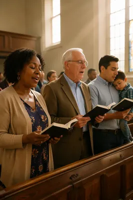 Diverse Congregation Singing from Hymnal Books