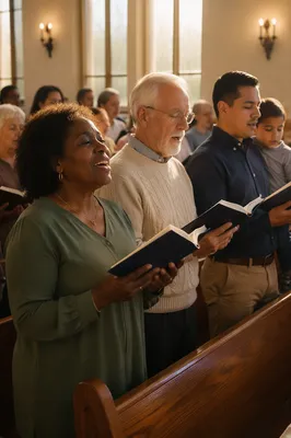Congregation Singing Hymnals in Sunlit Sanctuary