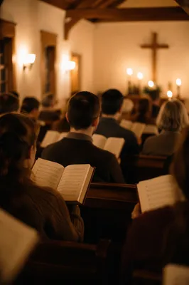 Congregation Singing Hymns in Wooden Chapel