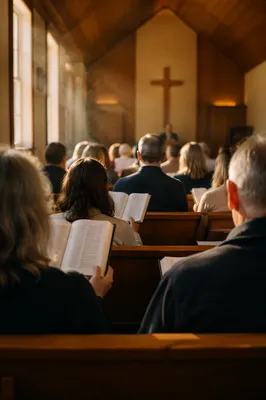 Congregation Singing Hymns in Wooden Chapel