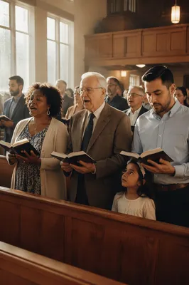 Congregation Singing in Sunlit Church Interior