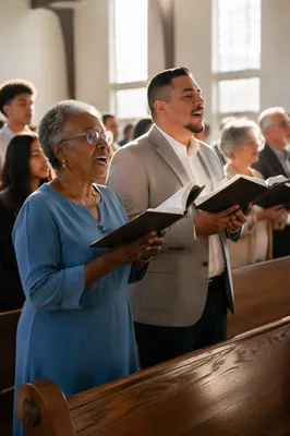 Congregation Singing Hymns in Sunlit Chapel