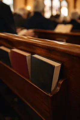 Hymn Books in Warm Church Pew