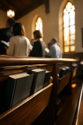 Hymnals in a Warm Church Sanctuary