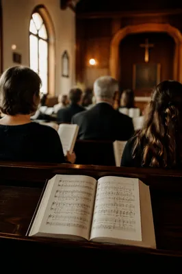 Congregation Singing Hymns in Wooden Chapel