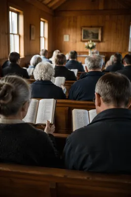 Congregation Singing Hymns in Wooden Chapel