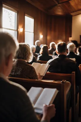 Congregation Singing Hymns in Wooden Chapel