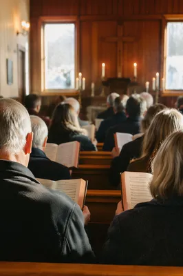 Congregation Singing Hymns in Wooden Chapel