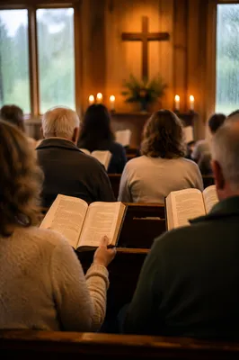 Congregation Singing Hymns in Wooden Chapel