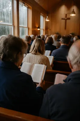 Congregation Singing Hymns in Wooden Chapel