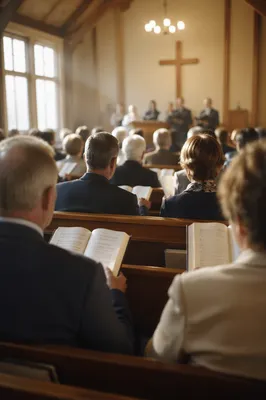 Congregation Singing Hymns in Wooden Chapel