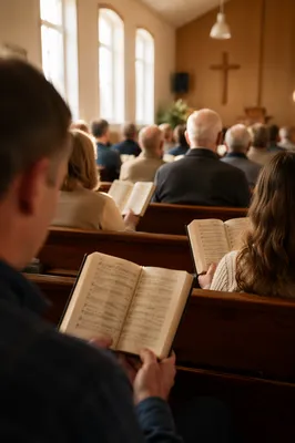 Congregation Singing Hymns in Wooden Chapel