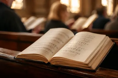 Open Hymnal on Church Pew