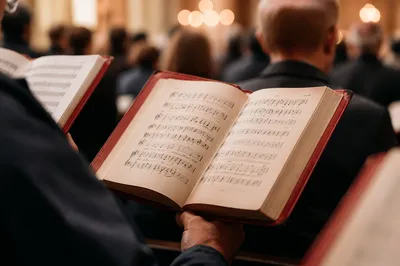 Congregation Singing from Red Hymnals